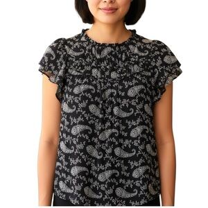 Ann Taylor LOFT Sz SMALL Black White Paisley Double Ruffle Smocked Blouse Top